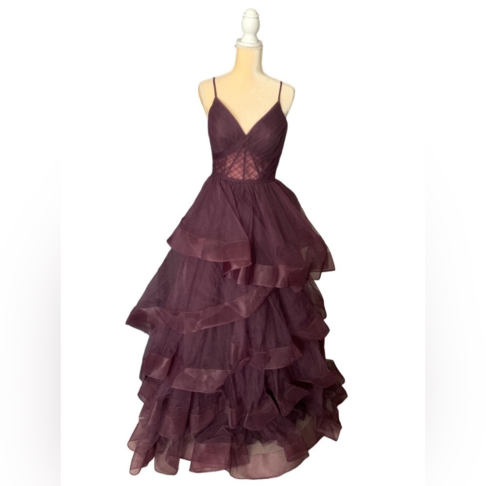 La Femme Dark Berry Tiered Ruffle Tulle Maxi Prom Dress - Picture 6 of 10